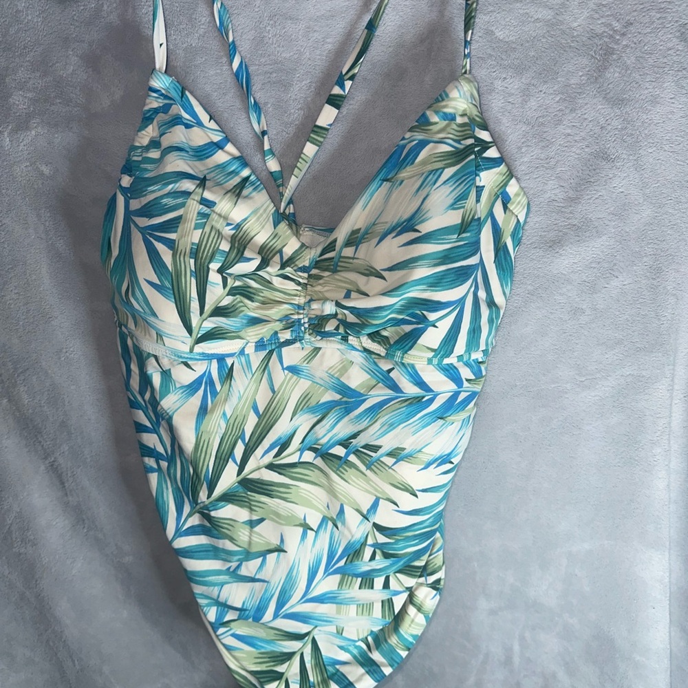Time and Tru Green and Blue One Piece Swimsuit with Tropical Print